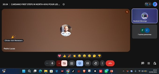 A screenshot of a Google Meet video call titled 'CARDANO FIRST STEPS IN NORTH-KIVU POUR LES ...', showing two participants and seven others on a Windows desktop.