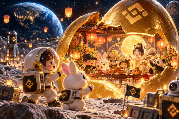 A fantasy digital artwork depicting children and characters in spacesuits and costumes on a lunar surface, with one character interacting with a glowing golden portal revealing a festive scene featuring lanterns, pandas, and traditional figures, alongside Binance logo motifs.