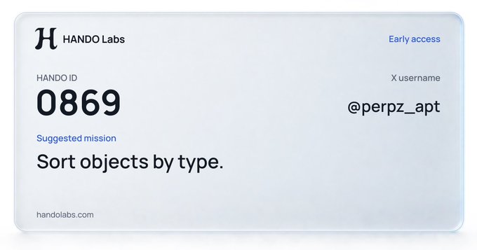 A 'HANDO Labs' digital card for user '@perpz_apt' with HANDO ID '0869' and a suggested mission to 'Sort objects by type.'