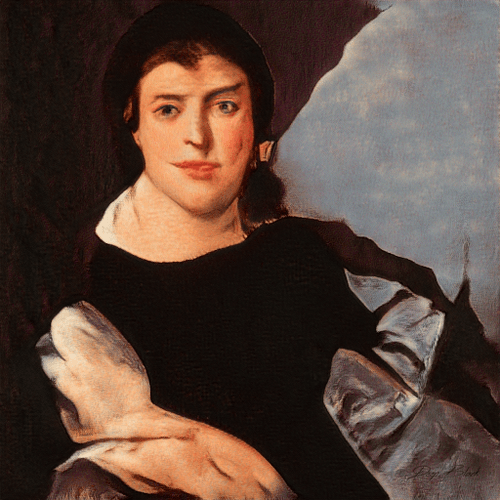A classical Renaissance-style oil painting portrait of a young man wearing a black cap and dark clothing, with a draped curtain and sky background.