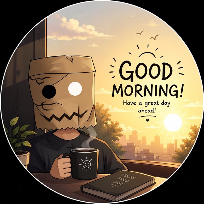 A circular cartoon illustration with a 'GOOD MORNING! Have a great day ahead!' message, showing a character wearing a paper bag mask with eye holes, holding a coffee mug at a table with a 'Focus Build Win' notebook, against a sunrise cityscape.