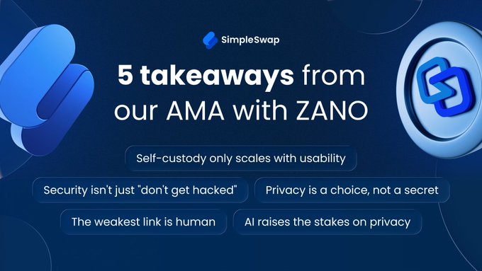 The image features a blue banner with white text that reads "5 takeaways from our AMA with Zano" and includes a list of five questions about web3 security and privacy, along with a blue circle containing a square and a blue triangle. The text in the image is related to the post discussing web3 security and privacy.