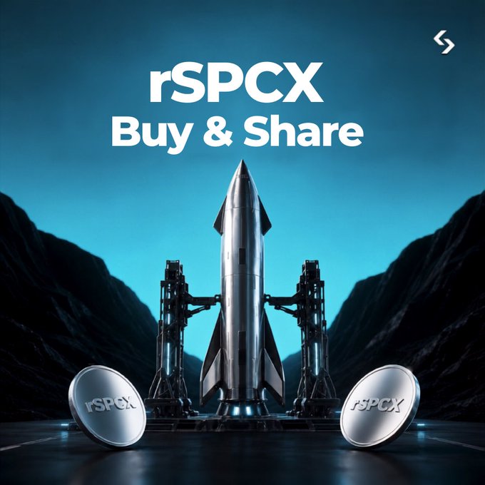 A promotional graphic for the "rSPCX Buy & Share" event features a futuristic rocket ship and two silver rSPCX coins set against a dark mountainous landscape, symbolizing a "launch to the moon" in celebration of the contest winners announced in the post.