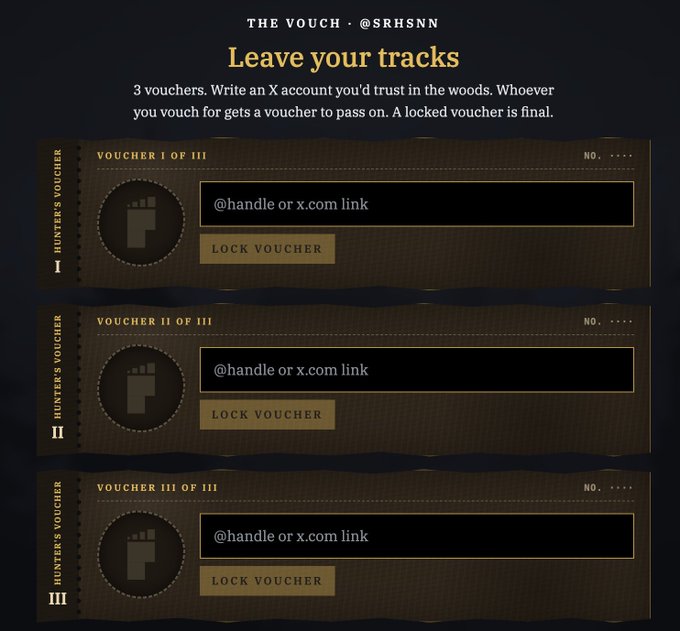A dark-themed webpage titled 'THE VOUCH - @SRHSNN' with the heading 'Leave your tracks,' allowing users to vouch for X accounts using 3 vouchers. Each voucher slot includes a profile icon, an input field for '@handle or x.com link,' and a 'LOCK VOUCHER' button.