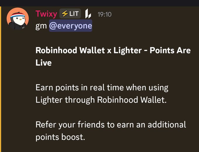 A Discord message from user Twixy announces that Robinhood Wallet x Lighter Points Are Live, allowing users to earn points in real time with referral bonuses.