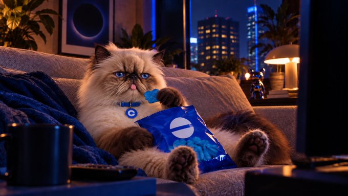 A fluffy Himalayan cat lounges on a couch at night, chomping on blue candy with its tongue out while a city skyline glows in the background; perfectly matching the caption "i'm not saying anything. i'm just eating."