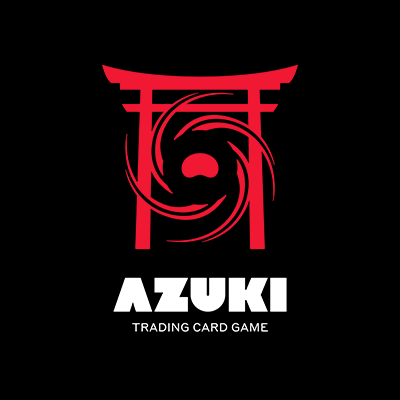 A black background displays the red torii gate and spiral logo for the 'AZUKI TRADING CARD GAME'.