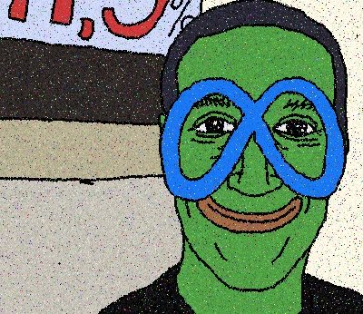 A comic-style illustration of a green-skinned man with blue infinity-symbol shaped glasses smiling at the viewer.