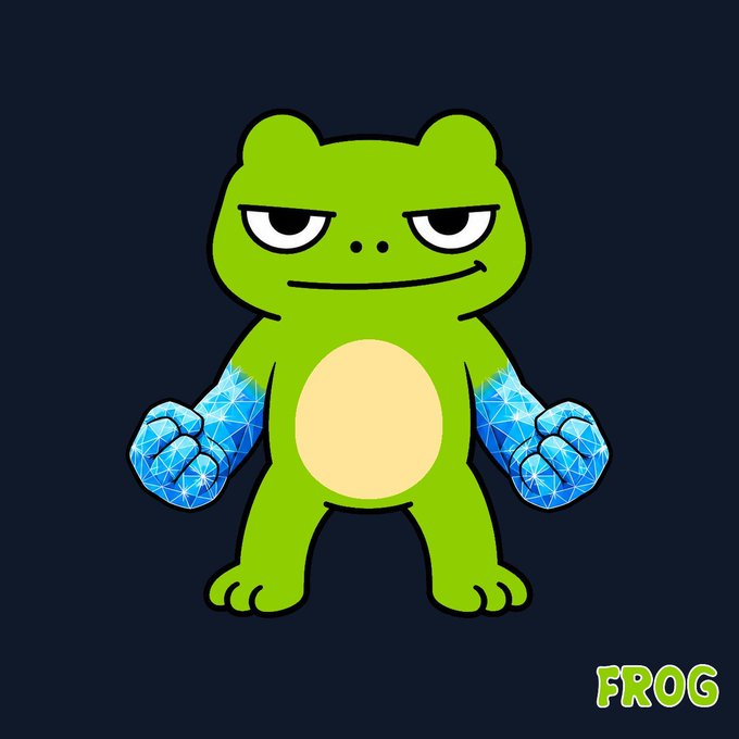 A cartoon green frog character with a smug expression wears glowing blue crystalline boxing gloves, with the text 'FROG' in the bottom right corner.
