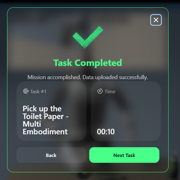 The image portrays a screenshot from a Robotic Process Automation (RPA) platform where a simulated employee, or 'robot,' has successfully completed a task, likely associated with physical AI. The registry suggests the registration of robots in an IT landscape, with the system acknowledging completed missions like the efficient retrieval of toilet paper. This relates to the broader technological landscape of physical AI and infrastructure advancements mentioned in the accompanying post.