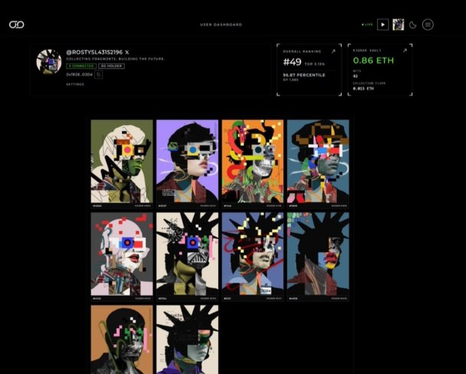 This screenshot of a "USER DASHBOARD" for @ROSTYSL43152196 X displays a collection of 12 pixelated, cyberpunk-style portraits titled "COLLECTING FRAGMENTS, BUILDING THE FUTURE," with stats showing a rank of #49 and a value of 0.86 ETH.
