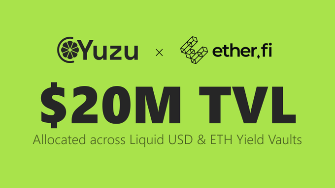 A green promotional graphic announcing a partnership between Yuzu and ether.fi, highlighting '$20M TVL Allocated across Liquid USD & ETH Yield Vaults.'
