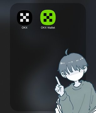 A dark smartphone screen displaying two app icons, 'OKX' and 'OKX Wallet' (highlighted in green), with an anime-style cartoon character pointing at them from the bottom right.