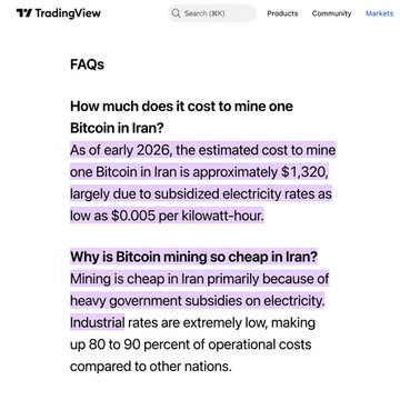 A TradingView FAQ snippet states that as of early 2026, mining one Bitcoin in Iran costs approximately $1,320 due to heavily subsidized electricity rates as low as $0.005 per kilowatt-hour, which industrial miners benefit from at 80–90% lower operational costs than other nations. This directly supports the post's claim that Iran's Bitcoin mining cost is just $1,320 per BTC.