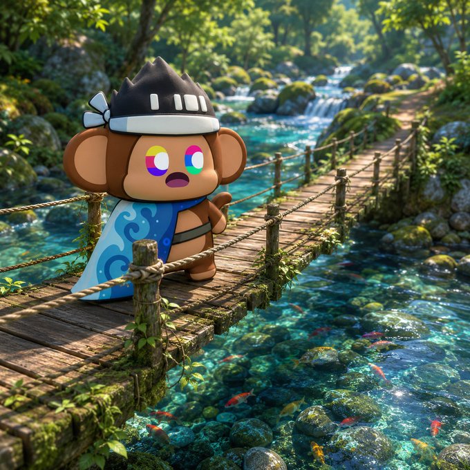 A 3D-rendered cartoon monkey character wearing a dark spiked hat and blue cape standing on a wooden rope bridge over a clear forest stream with koi fish.