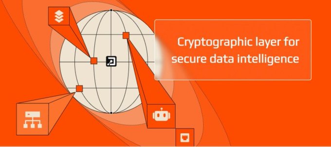 An orange graphic showing a wireframe globe connected to icons of a server, robot, and layered shapes, alongside the text 'Cryptographic layer for secure data intelligence'.