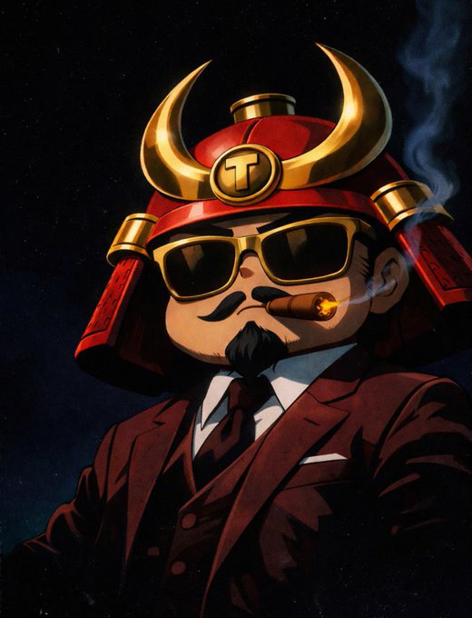 An illustration shows a man in a sharp suit, sunglasses, and a mustache smoking a cigar, while wearing a red samurai helmet with gold accents marked with a "T".