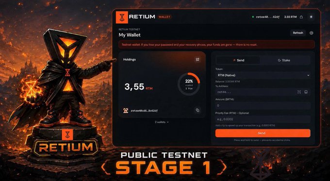 A promotional graphic for Retium's Public Testnet Stage 1 features a fiery, hourglass-shaped robot mascot alongside a screenshot of the Retium Wallet interface showing a balance of 3.55 RTM and send/stake options, illustrating the live wallet functionality highlighted in the post.