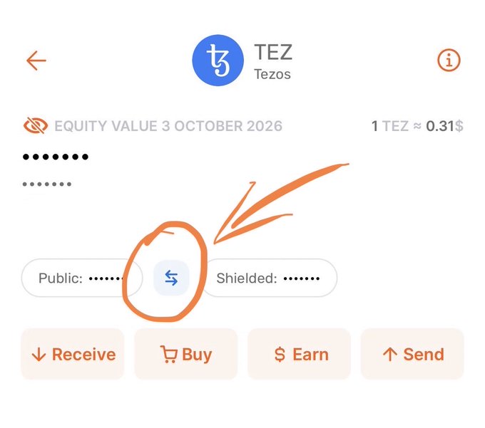 Screenshot of the Temple Wallet mobile app showing a Tezos (TEZ) account interface with an exchange rate of 1 TEZ ≈ $0.31, featuring an orange annotation circling the swap icon to highlight the easy two-tap process for shielding public Tez into shielded (private) transactions. The image visually demonstrates the post's call to action about shielding Tez for privacy.