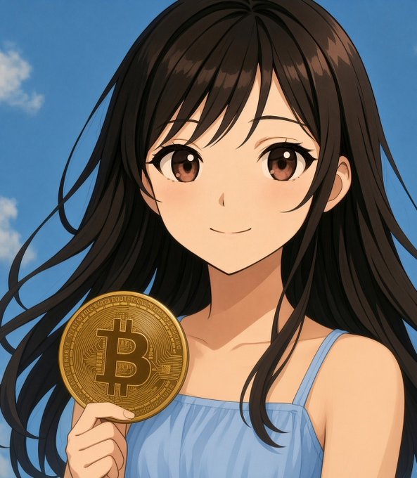 An anime-style illustration of a smiling dark-haired girl holding a large gold Bitcoin coin against a blue sky.