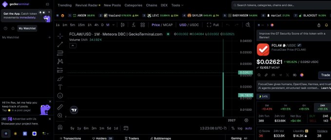 A GeckoTerminal price chart shows the $FCLAW/USDC trading pair on Meteora DEX, displaying a small market cap of around $165.62K and a contract address ending in "Wpory," matching the post's announcement of FocusClaw launching publicly on Solana.