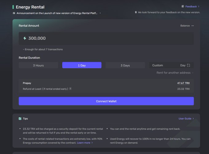 The image shows a screenshot of a CRON testing page for the cryptocurrency trading platform TRON. The text appears to be in French, and there are different options available. One feature stands out as related to energy rentals – users can earn money through tokens called "energy rentals." This system encourages energy conservation efforts by rewarding users with energy tokens based on their participation in these initiatives. Furthermore, there is a section about the new version of TRON Energy Rental Post which provides more details and options for user engagement within the CRON testing environment.