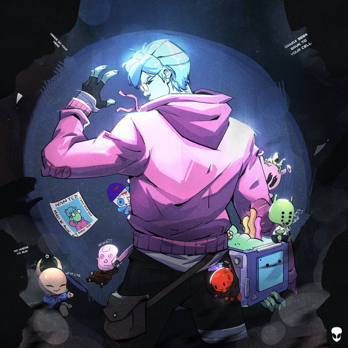A digital illustration showing a hooded, blue-haired figure from behind under dramatic blue lighting, surrounded by small cartoonish characters including a green alien, a baby, and a crying pink figure, with text fragments like "CHOOSE SIDES," "YOURSELF," "YOUR ALL," and "WANTED DEAD OR ALIVE" scattered around, matching the artist's emphasis on atmosphere and mood in their commissioned work.