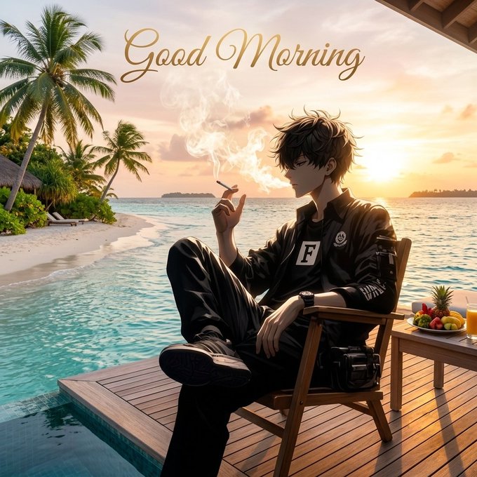 An anime-style illustration of a young man sitting on a beach chair smoking, with a 'Good Morning' text overlay, a tropical background, and a table of fruit nearby.