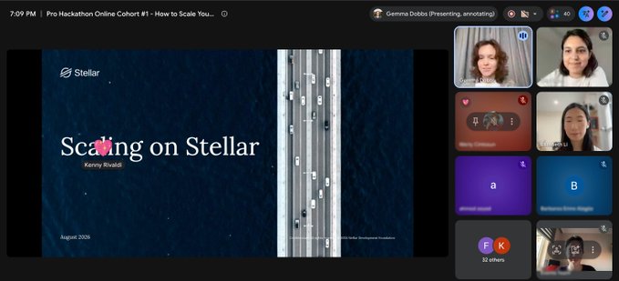 Screenshot of a virtual meeting titled "Pro Hackathon Online Cohort #1 - How to Scale You..." featuring a presentation slide "Scaling on Stellar" by Kenny Rivaldi, with participant video thumbnails on the right.