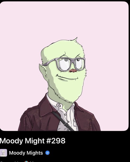 A green-skinned cartoon character with glasses and a smirk, wearing a brown jacket over a white shirt, is featured as "Moody Might #298" from the verified Moody Mights collection—aligning with the post's celebration of winning an OG NFT from @MoodyMightsAI and @MoodyMights.