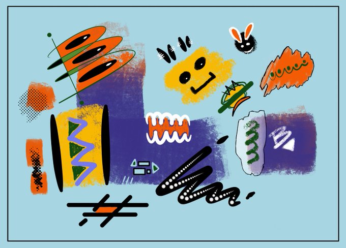 An abstract composition on a light blue background featuring playful doodles, painted shapes, and text-like scribbles in vibrant colors including yellow, orange, purple, and black.