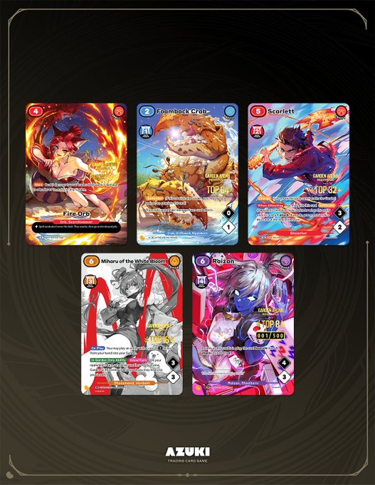 Five Azuki Trading Card Game cards are displayed against a black background, featuring "Fire Orb" (cost 4), "Goombuck Crab" (cost 2, "Top 64"), "Scarlett" (cost 5, "Top 32"), "Miharu of the Wutai Brood" (cost 5, "Top 32"), and "Raijin" (cost 6, "Top 8, 001/500"). The cards showcase the artwork of "Fire Orb" on the left, which the post celebrates as being included in the official Garden Arena tournament alongside these other tournament-topping Azuki TCG pieces.