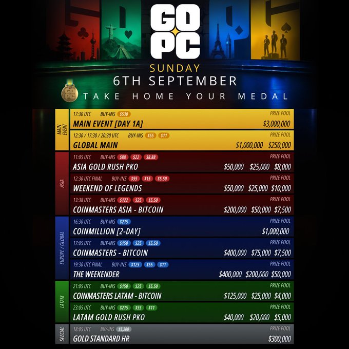 Promotional graphic for 'GO PC SUNDAY 6TH SEPTEMBER — TAKE HOME YOUR MEDAL' listing poker tournaments like 'MAIN EVENT' ($3,000,000 prize pool) and 'GLOBAL MAIN' ($1,000,000 / $250,000) with buy-ins in S$$ and S$$.