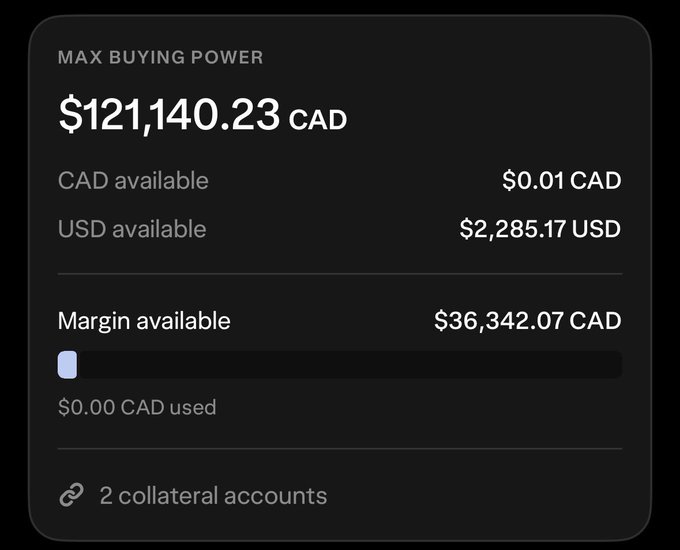 A trading account dashboard displays a max buying power of $121,140.23 CAD, with $36,342.07 CAD in available margin—slightly higher than the $35,000 mentioned in the post, which posed the question "What are we buying?"
