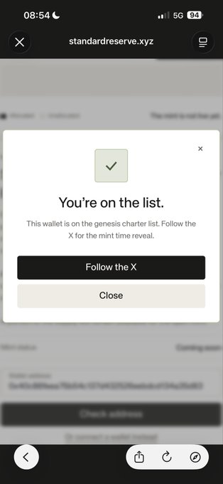 A mobile browser displays a Standard Reserve confirmation pop-up reading “You’re on the list,” explaining that the wallet is on the Genesis charter list, with “Follow the X” and “Close” buttons.