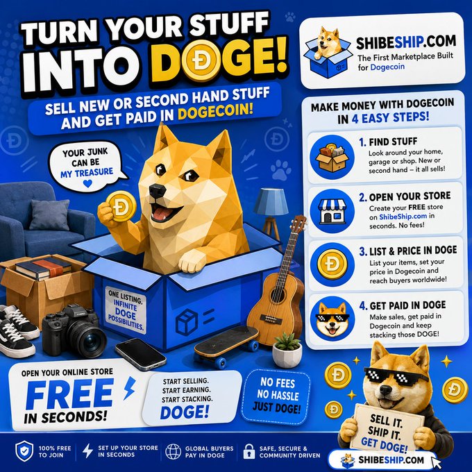 A promotional graphic for ShibeShip.com featuring Shiba Inu mascots and the headline "TURN YOUR STUFF INTO DOGE!" It outlines a 4-step process for selling items on the platform and getting paid in Dogecoin ($DOGE), with calls-to-action like "OPEN YOUR ONLINE STORE FREE IN SECONDS" and "START SELLING. START EARNING. START STACKING DOGE!" The colorful infographic, showing various items like shoes, cameras, and guitars, visually reinforces the post's message about converting unused belongings into Dogecoin.