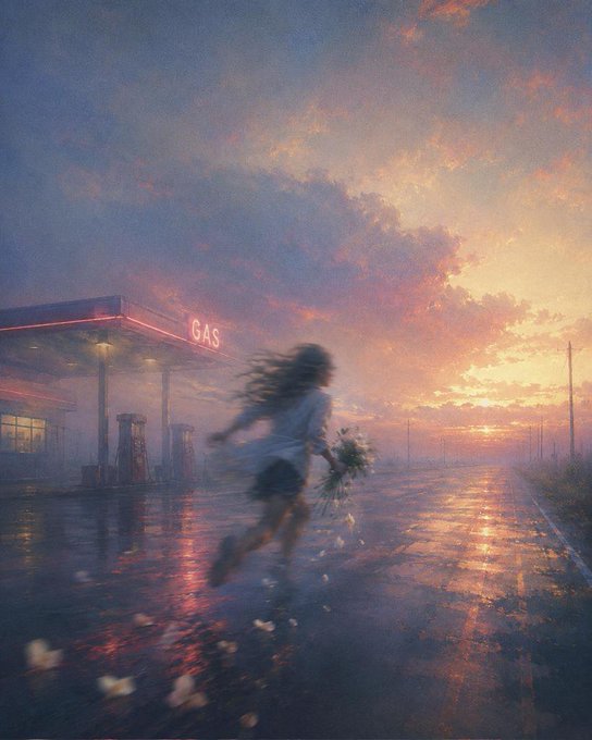 An atmospheric painting depicting a girl running with flowers toward a sunset at a gas station, leaving a trail of petals behind her.