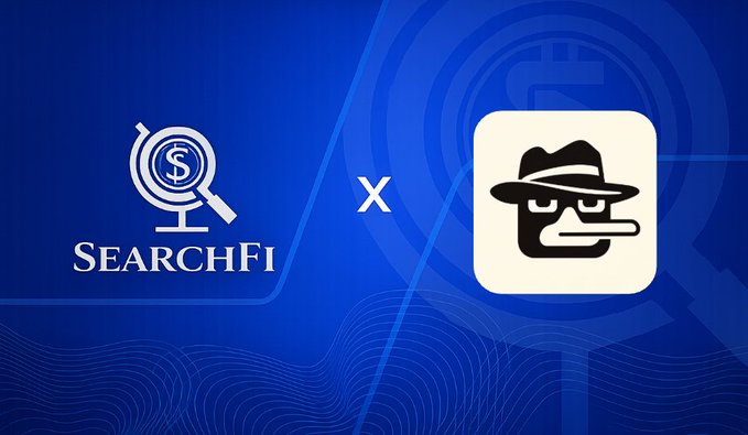 A promotional graphic with a blue background showing the "SearchFi" logo featuring a globe with a dollar sign and magnifying glass, alongside a stylized detective icon with a hat.