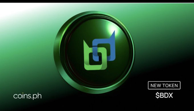 A promotional graphic for coins.ph featuring a new token $BDX with a green and blue logo on a green metallic background.