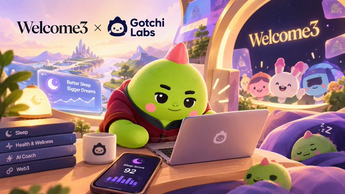 A promotional graphic for 'Welcome3 x Gotchi Labs' featuring a green cartoon character using a laptop, surrounded by app features like Sleep, Health & Wellness, AI Coach, and Web3.