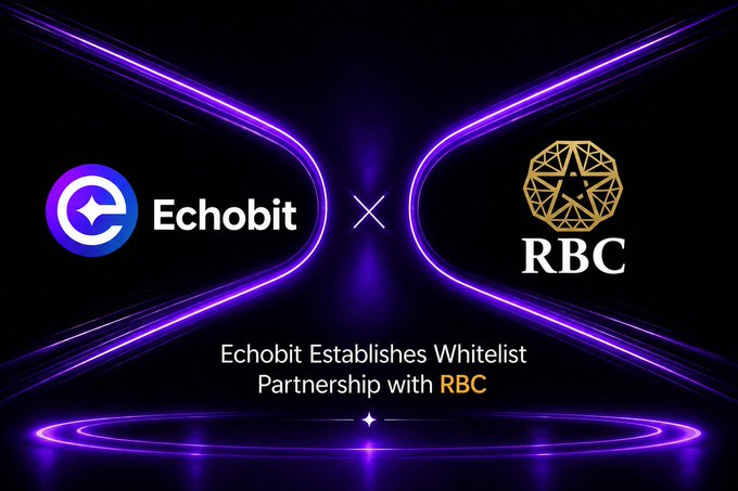 A stylized partnership announcement graphic featuring glowing purple light trails forming an hourglass shape, with the Echobit and RBC logos separated by an "x," captioned "Echobit Establishes Whitelist Partnership with RBC," visually reinforcing the post's announcement of a collaboration between Echobit and RBC Digital Gold.