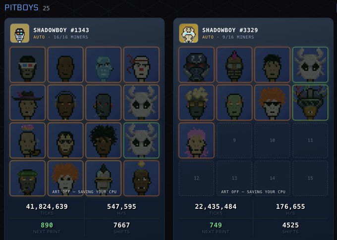 A 'PITBOYS' NFT dashboard displaying two character collections, SHADOWBOY #1343 and SHADOWBOY #3329, with pixel-art character grids showing tick counts and hash rates.