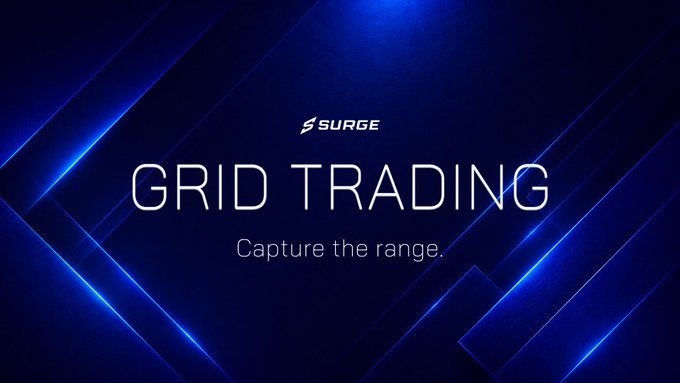 A blue promotional graphic displays the 'SURGE' logo above the text 'GRID TRADING' and the tagline 'Capture the range.'