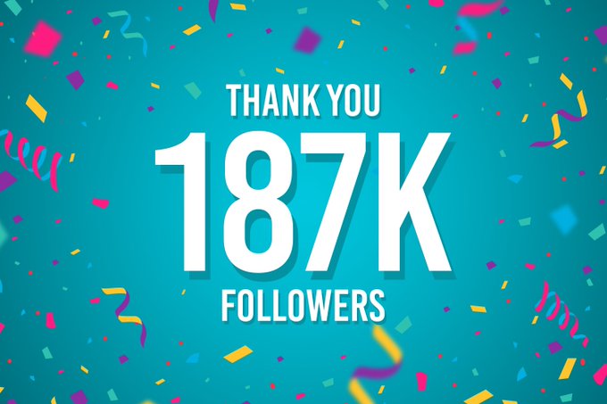 A celebratory graphic with colorful confetti on a teal background displays "THANK YOU 187K FOLLOWERS," celebrating a social media milestone of 187,000 followers. The image visually complements the post's gratitude message to supporters, marking the achievement while encouraging continued perseverance toward the "clarity act" finish line, tagged with #XRP.