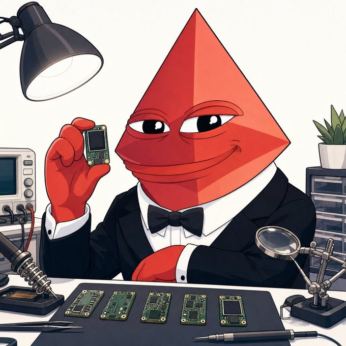 A cartoon illustration of an anthropomorphic red Ethereum pyramid character in a tuxedo working with electronic chips and tools.