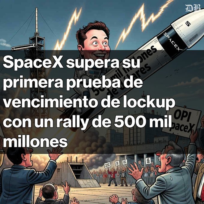 A satirical illustration showing a smiling caricature figure attached to a SpaceX rocket, with a crowd of protesters holding 'OPI SpaceX' signs below; overlaid Spanish text reads 'SpaceX supera su primera prueba de vencimiento de lockup con un rally de 500 mil millones'.