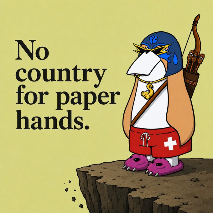 An illustrated penguin character wearing a blue luchador mask, gold chain, red swim trunks, and pink fuzzy slippers, holding a bow and quiver, standing on a cliff with the text 'No country for paper hands.'