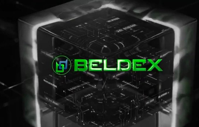 A digital graphic featuring the green BELDEX logo centered on a dark, futuristic cube with glowing edges and intricate circuit board patterns.