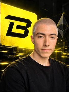 A man wearing a black shirt stands in front of a yellow background featuring the Binance logo and the Ethereum symbol.
