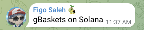The image features a stylized logo or banner for "gBaskets on Solana" with the text displayed alongside a pair of eyes peeking from behind it and a small yellow character above, set against a light green background. The post's mention of "gBaskets on Solana" directly corresponds to the prominent text shown in the image, suggesting this is branding or promotional artwork for the Solana-based project.